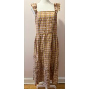 LOFT Madras Plaid Ruffle Sleeve Tiered Smocked Feminine Midi Dress Size S